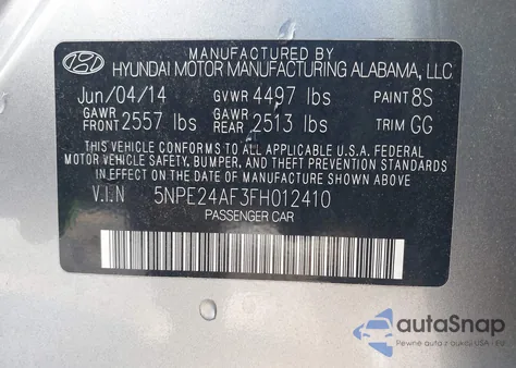 2015 Hyundai Sonata Se z USA, uszkodzony, nr VIN 5NPE24AF3FH012410